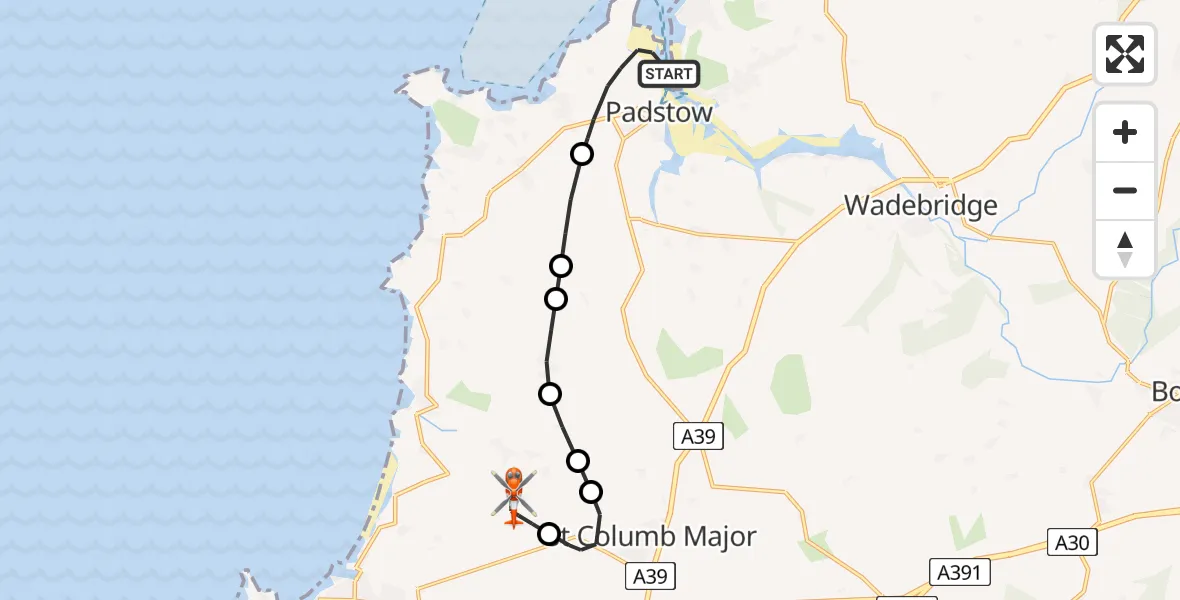 Flight route Coastguard Helicopter Padstow - Cornwall Airport Newquay, 04 June 2026, 14:35