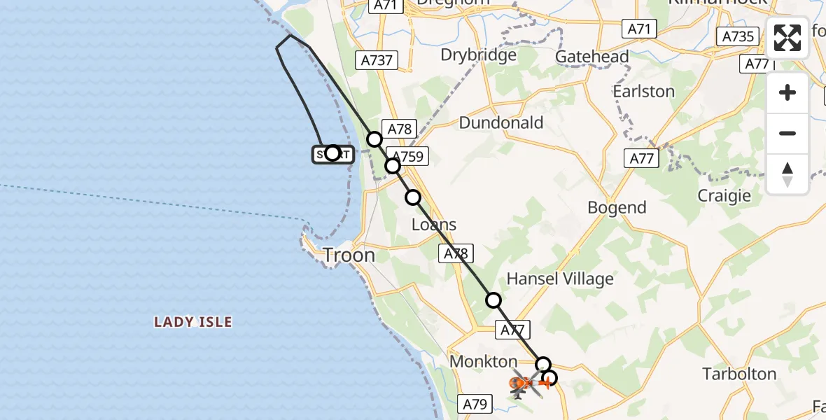 Flight route Coastguard Helicopter Troon - Glasgow Prestwick Airport, 04 June 2026, 14:36