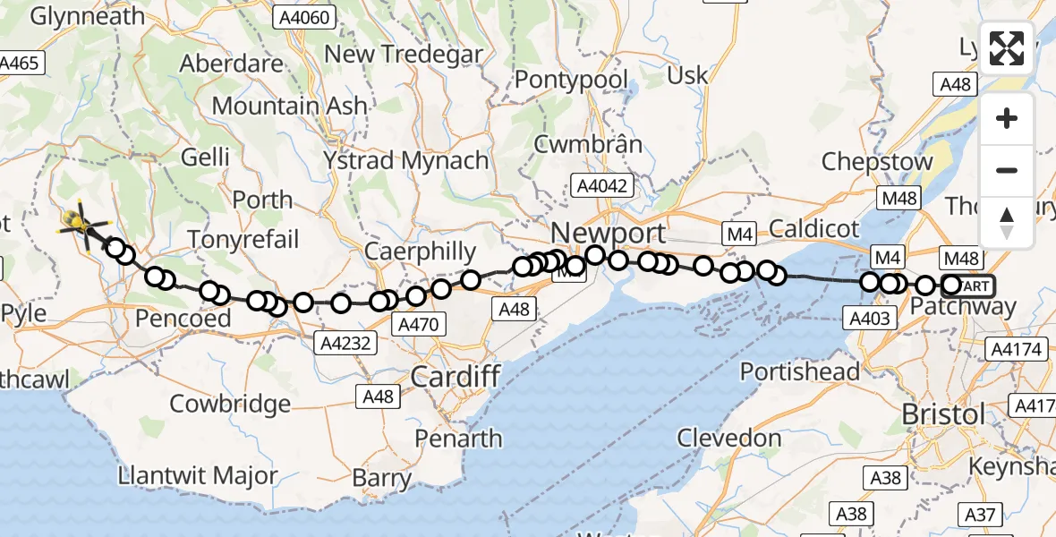 Flight route Police Helicopter Almondsbury - Llangynwyd, 04 June 2026, 14:39
