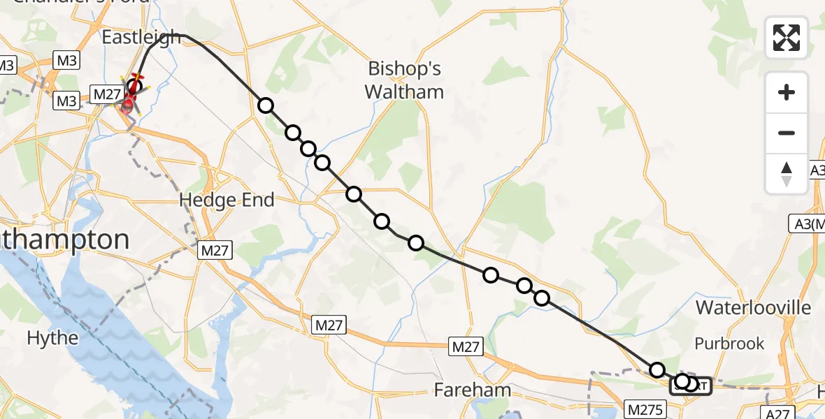 Flight route Air Ambulance Helicopter Southwick and Widley - Southampton Airport, 04 June 2026, 14:40