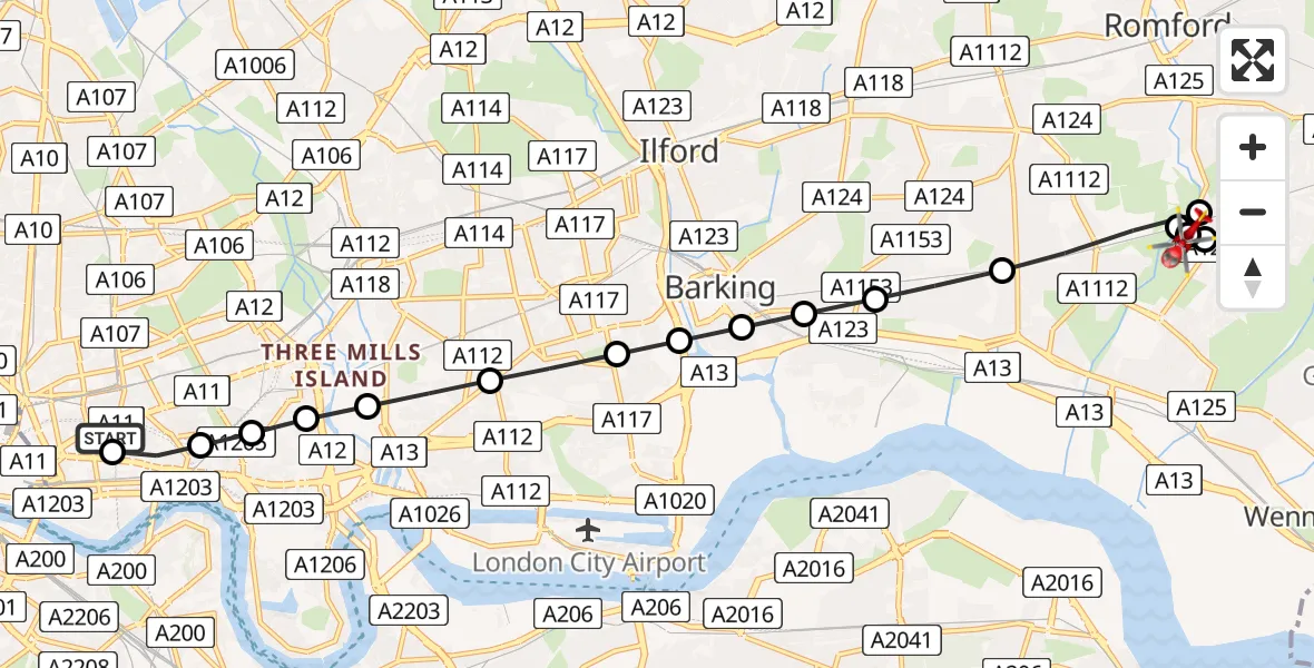 Flight route Air Ambulance Helicopter Royal London Hospital - Dagenham, 04 June 2026, 14:52