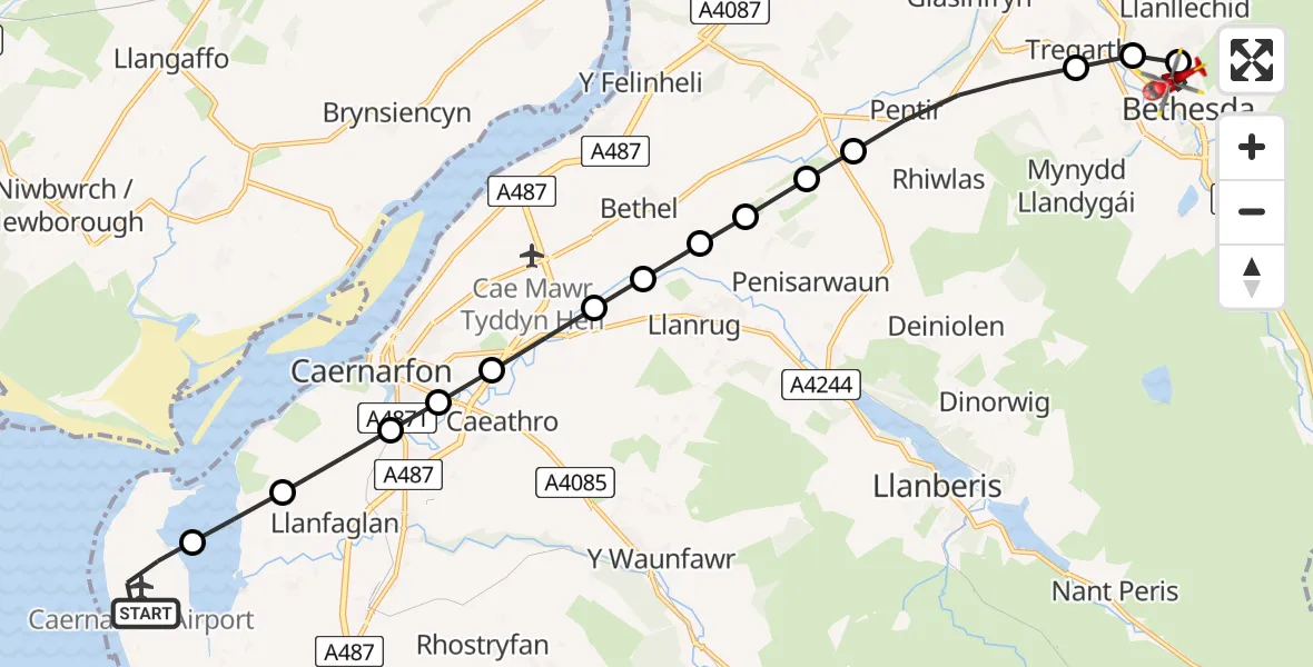 Flight route Air Ambulance Helicopter Caernarfon Airport - Bethesda, 04 June 2026, 14:52
