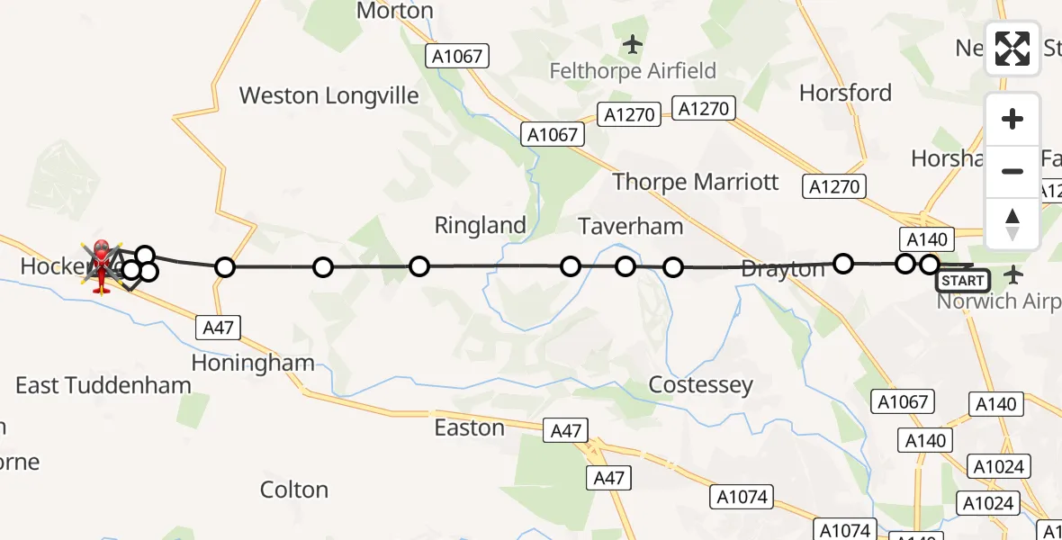 Flight route Air Ambulance Helicopter Norwich Airport - Hockering, 04 June 2026, 14:57
