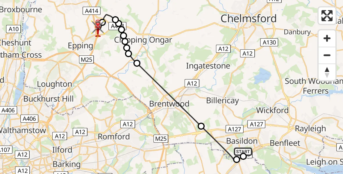 Flight route Air Ambulance Helicopter Basildon - North Weald Airfield, 04 June 2026, 15:01
