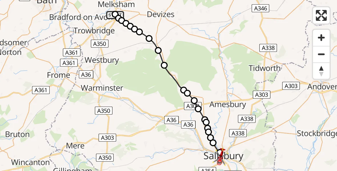 Flight route Air Ambulance Helicopter Wiltshire Air Ambulance - Salisbury, 04 June 2026, 15:02