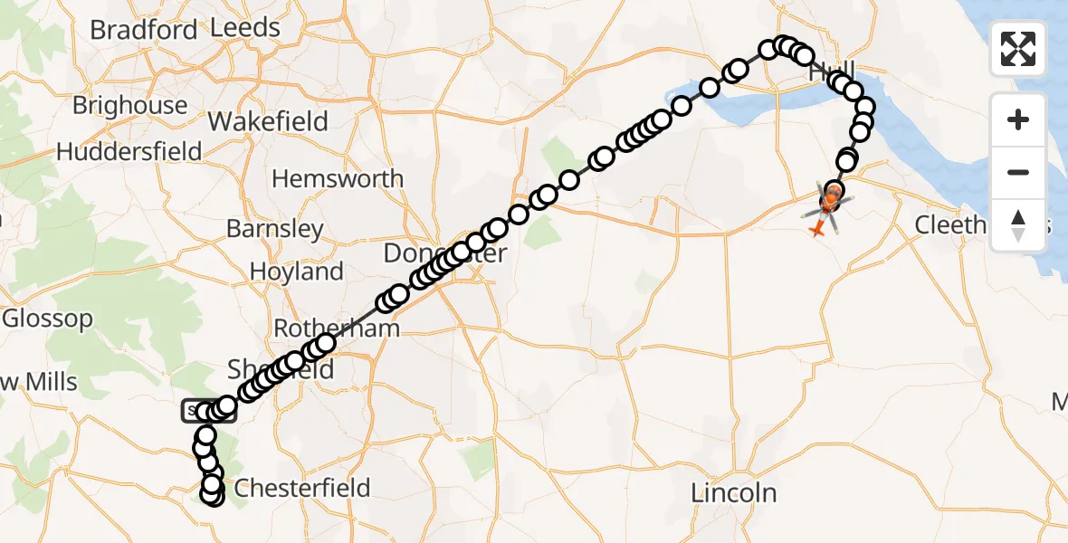 Flight route Coastguard Helicopter Hathersage - Humberside Airport, 04 June 2026, 15:13