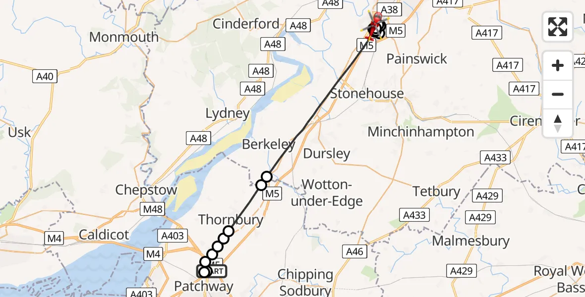 Flight route Air Ambulance Helicopter Almondsbury Helicopter Base - Hardwicke, 04 June 2026, 15:25