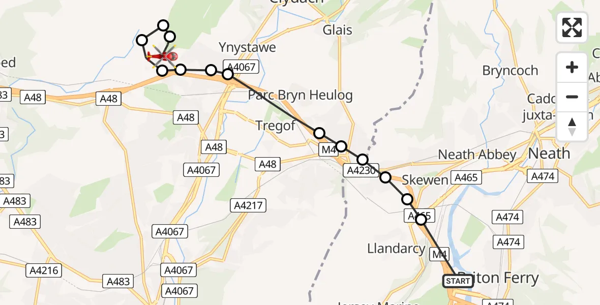 Flight route Air Ambulance Helicopter Briton Ferry - Morriston Hospital Helipad, 04 June 2026, 15:29
