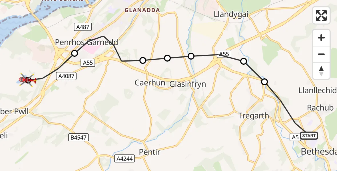 Flight route Air Ambulance Helicopter Bethesda - Aber Pwll, 04 June 2026, 15:38