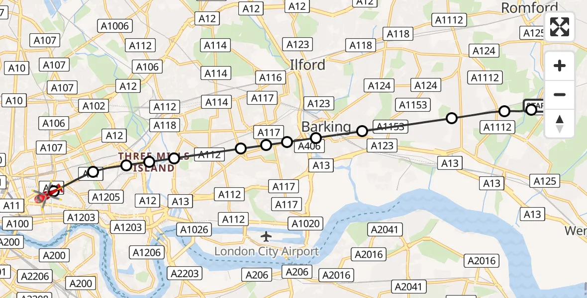 Flight route Air Ambulance Helicopter Elm Park - Royal London Hospital, 04 June 2026, 15:39