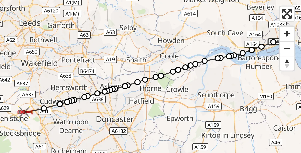 Flight route Air Ambulance Helicopter Hull Royal Infirmary - Barnsley, 04 June 2026, 15:40