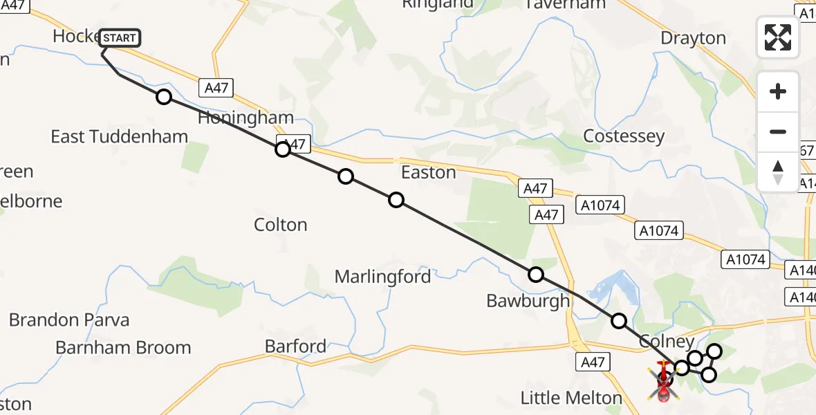 Flight route Air Ambulance Helicopter Hockering - Norfolk & Norwich Hospital, 04 June 2026, 15:49