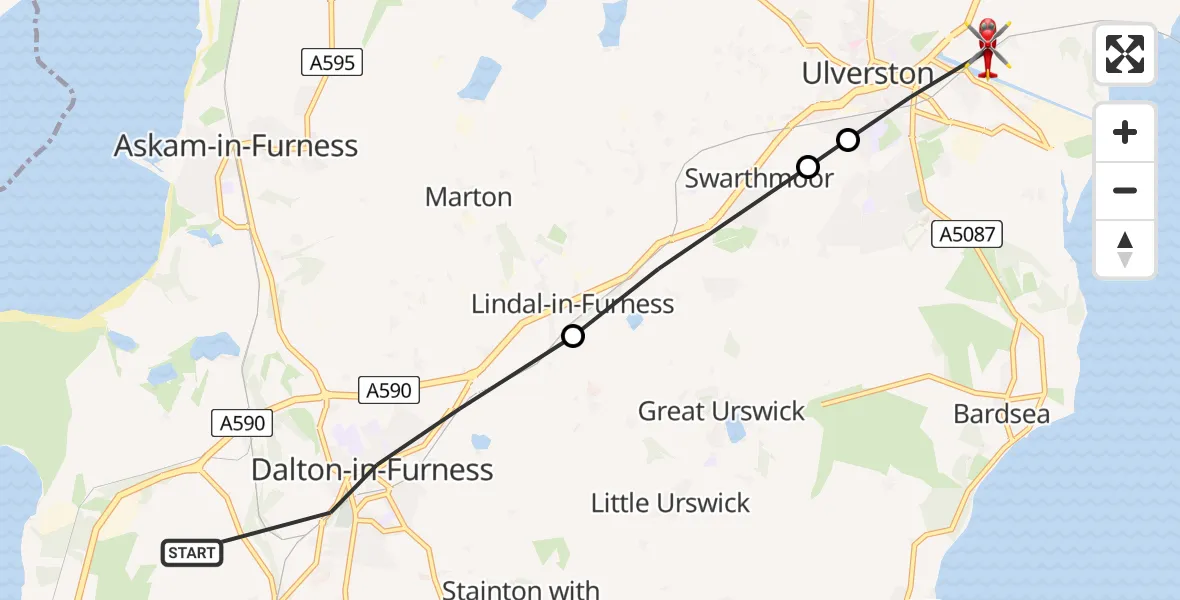 Flight route Air Ambulance Helicopter Dalton-in-Furness - Ulverston, 04 June 2026, 15:57