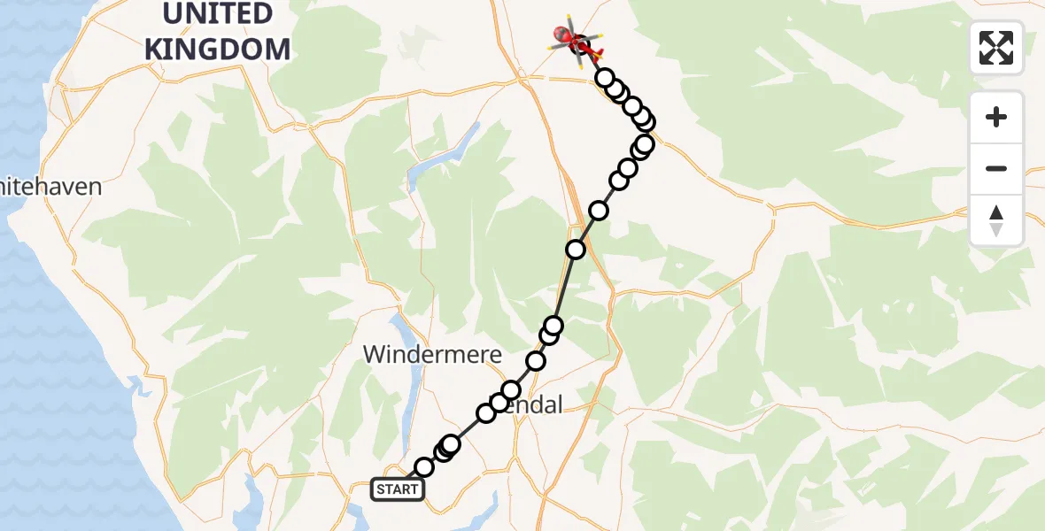 Flight route Air Ambulance Helicopter Staveley-in-Cartmel - Langwathby, 04 June 2026, 16:01