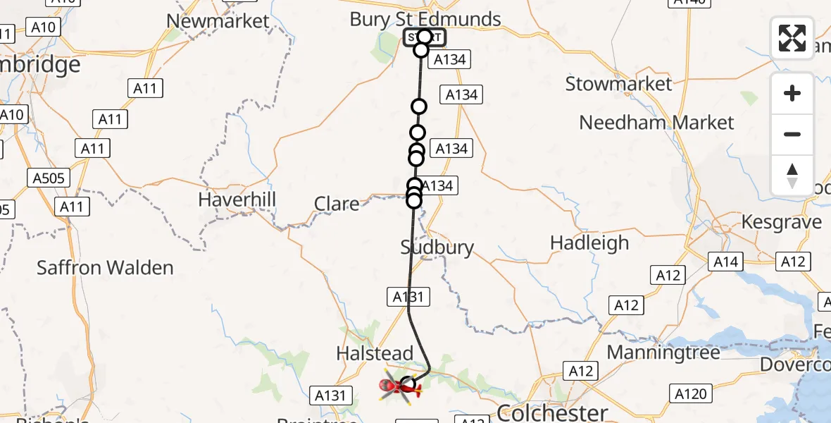 Flight route Air Ambulance Helicopter West Suffolk Hospital - Earls Colne Airfield, 04 June 2026, 16:05