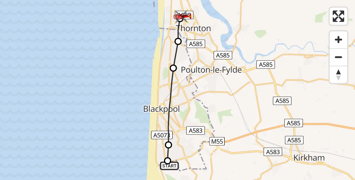Flight route Air Ambulance Helicopter Blackpool Airport - Cleveleys, 04 June 2026, 16:06