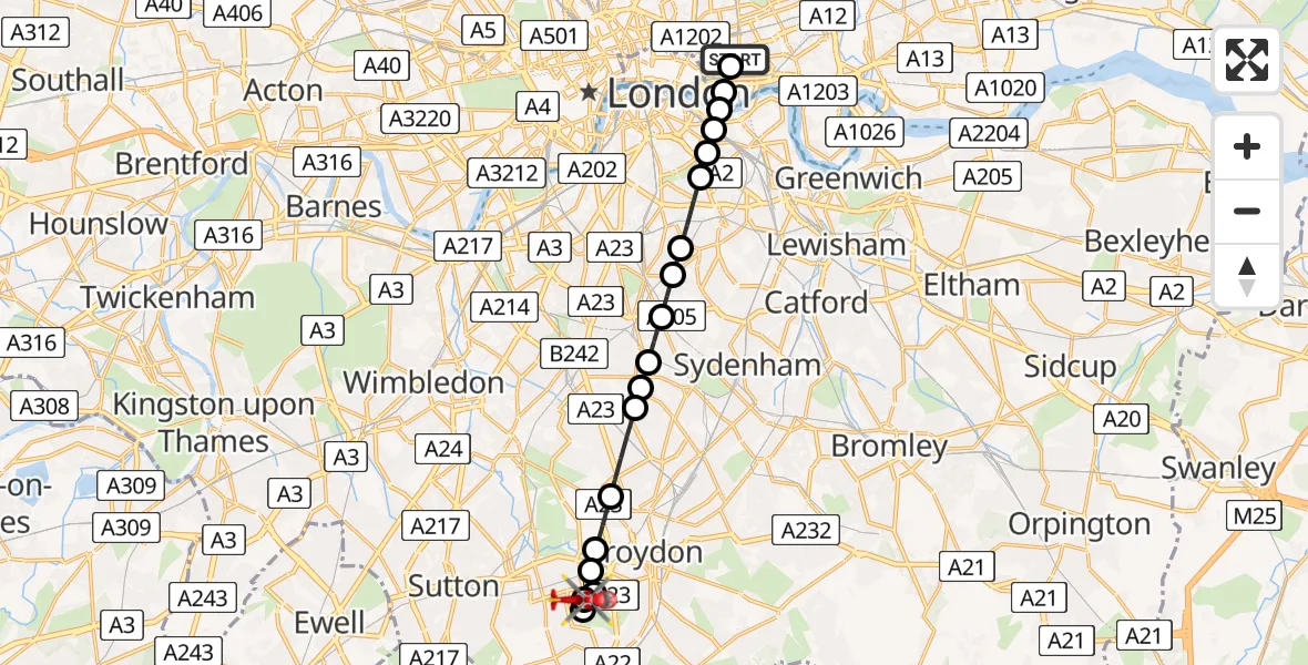 Flight route Air Ambulance Helicopter Royal London Hospital - South Beddington, 04 June 2026, 16:13