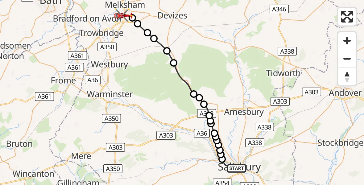 Flight route Air Ambulance Helicopter Salisbury - Melksham, 04 June 2026, 16:17