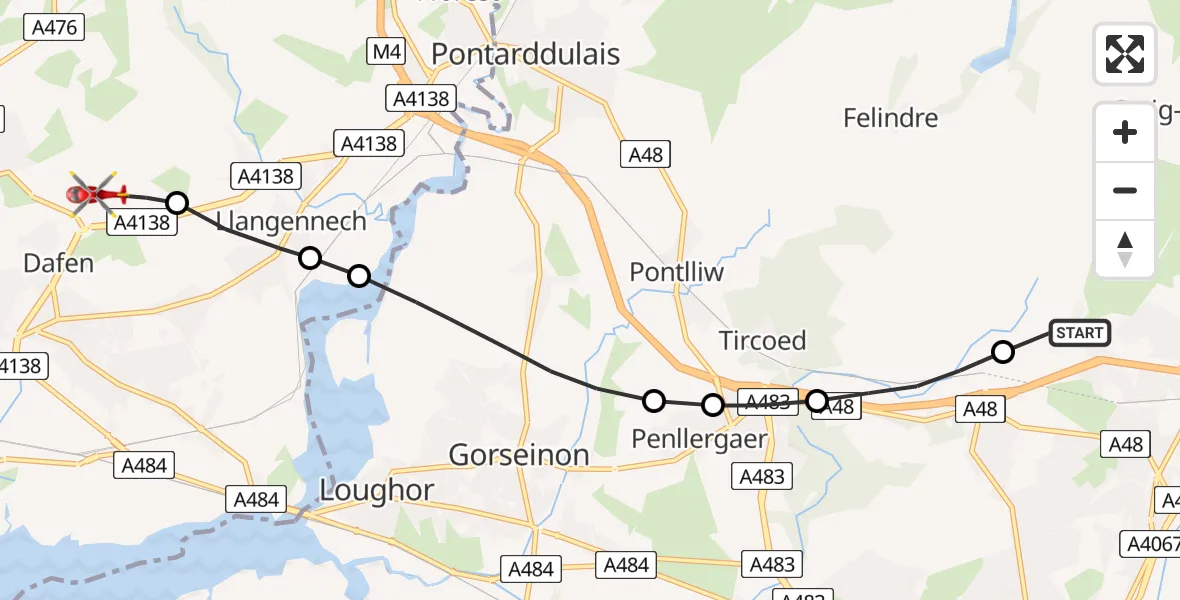 Flight route Air Ambulance Helicopter Morriston Hospital Helipad - Dafen, 04 June 2026, 16:22