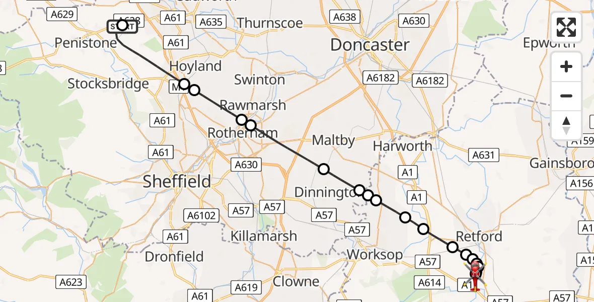 Flight route Air Ambulance Helicopter Barnsley - Retford Gamston Airport, 04 June 2026, 16:26