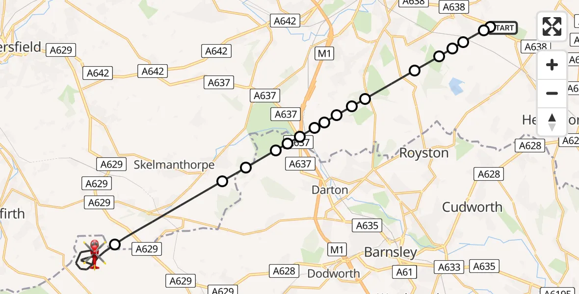 Flight route Air Ambulance Helicopter YAA Nostell Helicopter Port - Barnsley, 04 June 2026, 16:29