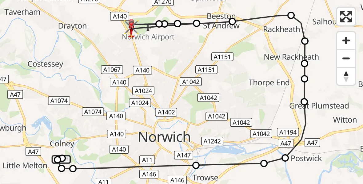 Flight route Air Ambulance Helicopter Norfolk & Norwich Hospital - Norwich Airport, 04 June 2026, 16:36