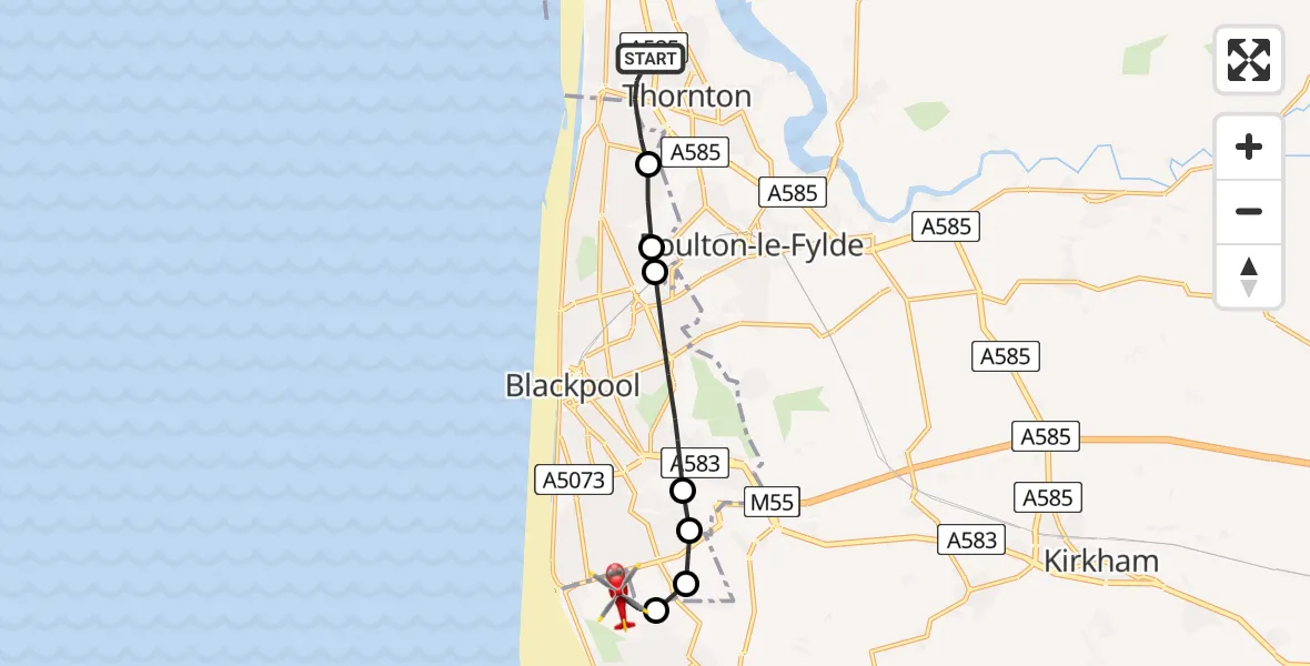 Flight route Air Ambulance Helicopter Thornton - Blackpool Airport, 04 June 2026, 16:37
