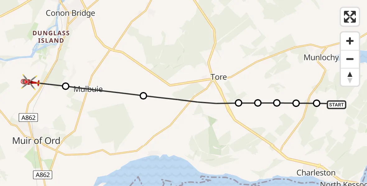 Flight route Air Ambulance Helicopter Inverness - Muir of Ord, 04 June 2026, 16:48