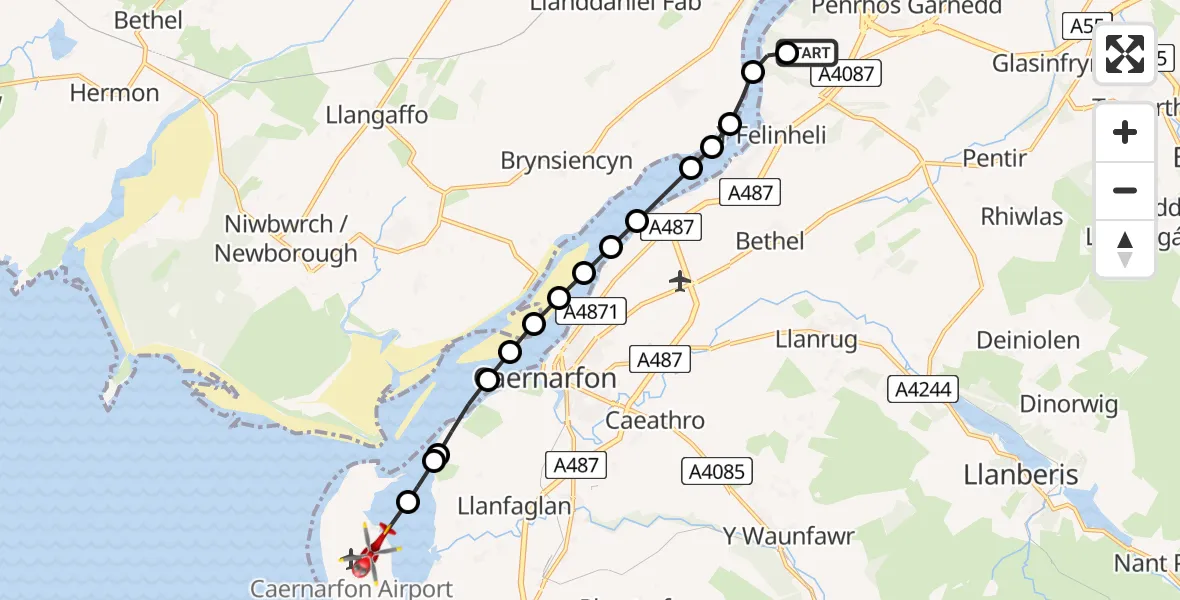 Flight route Air Ambulance Helicopter Aber Pwll - Caernarfon Airport, 04 June 2026, 16:50