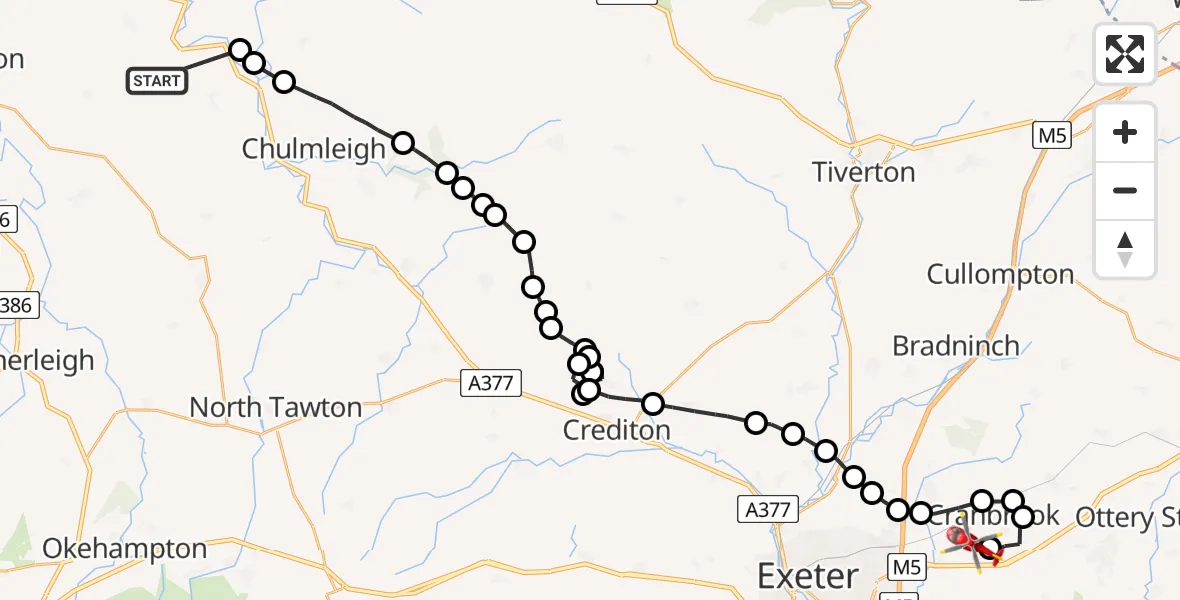 Flight route Air Ambulance Helicopter North Devon - Clyst Honiton, 04 June 2026, 17:24