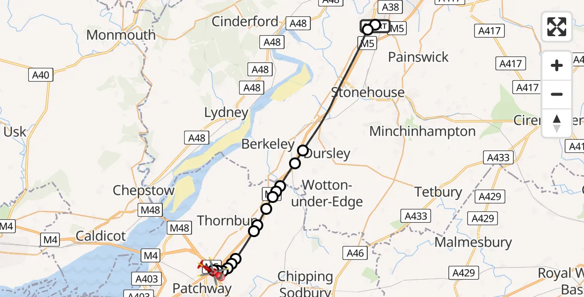 Flight route Air Ambulance Helicopter Gloucester - Almondsbury Helicopter Base, 04 June 2026, 17:31