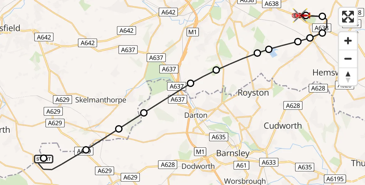 Flight route Air Ambulance Helicopter Barnsley - YAA Nostell Helicopter Port, 04 June 2026, 17:36