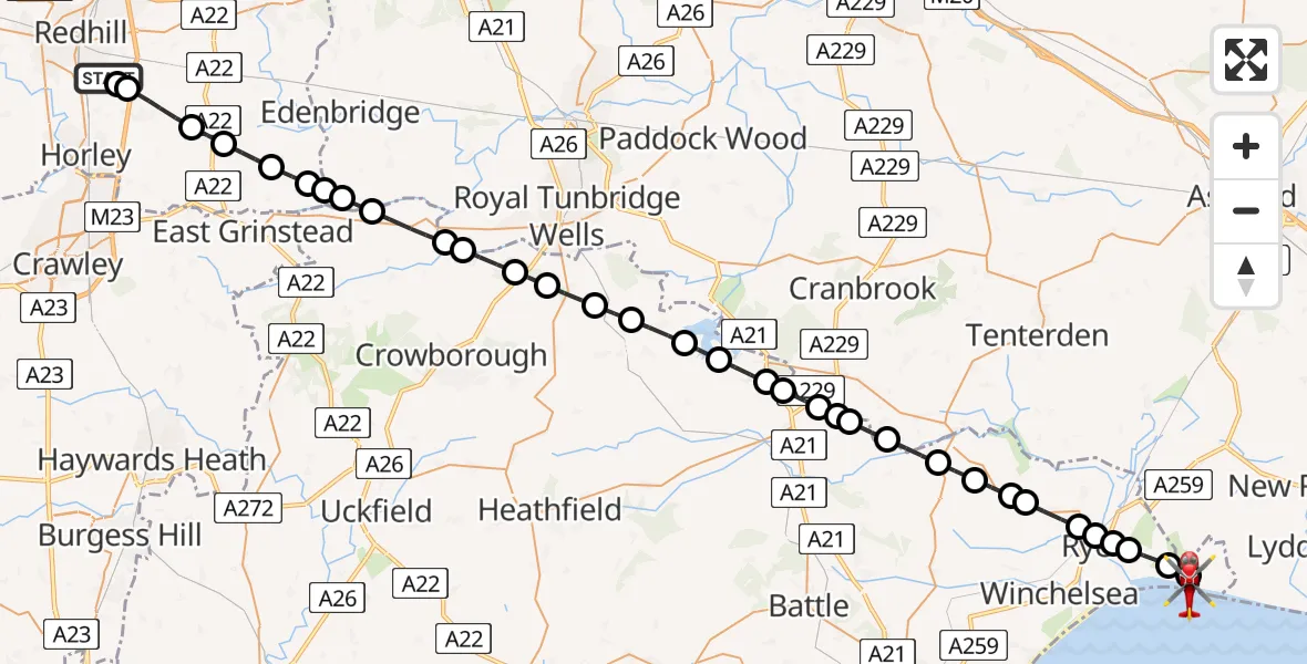 Flight route Air Ambulance Helicopter Redhill Aerodrome - Rother, 04 June 2026, 17:55