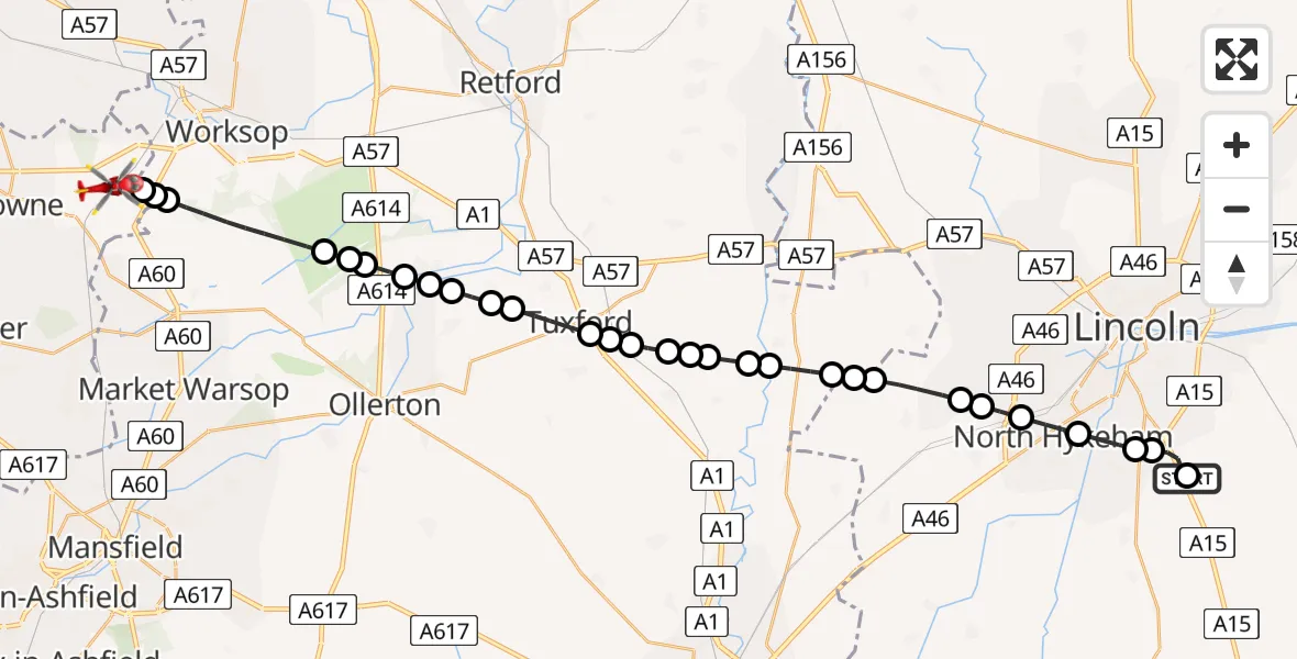 Flight route Air Ambulance Helicopter RAF Waddington - Bolsover, 04 June 2026, 17:55