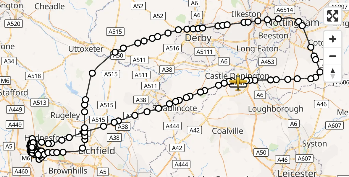 Flight route Police Aircraft East Midlands Airport - East Midlands Airport, 04 June 2026, 18:06