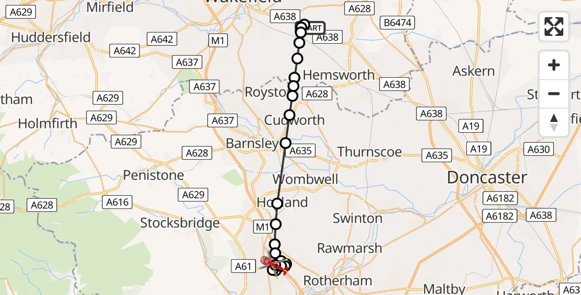 Flight route Air Ambulance Helicopter YAA Nostell Helicopter Port - Ecclesfield, 04 June 2026, 18:31