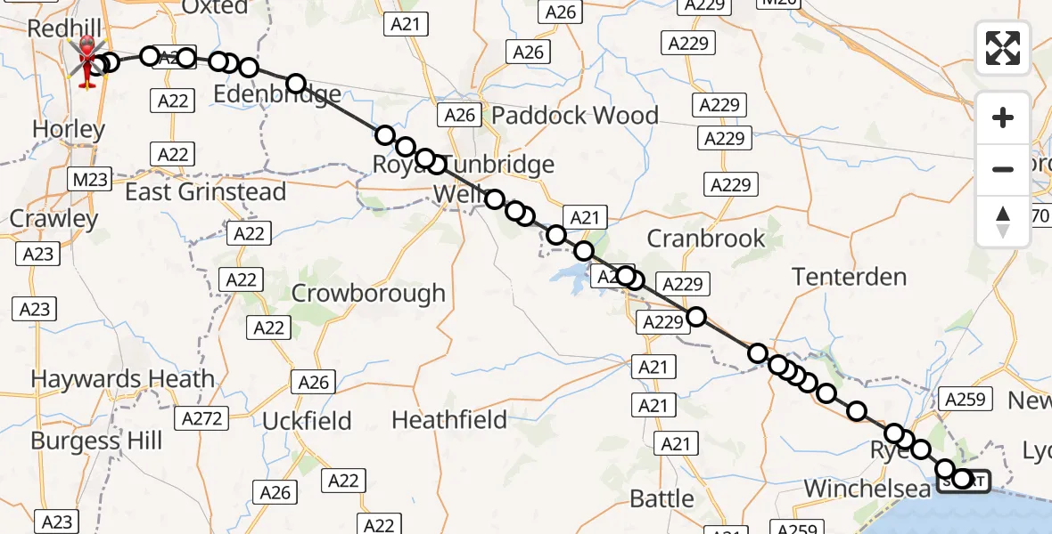 Flight route Air Ambulance Helicopter Camber - Redhill Aerodrome, 04 June 2026, 18:52