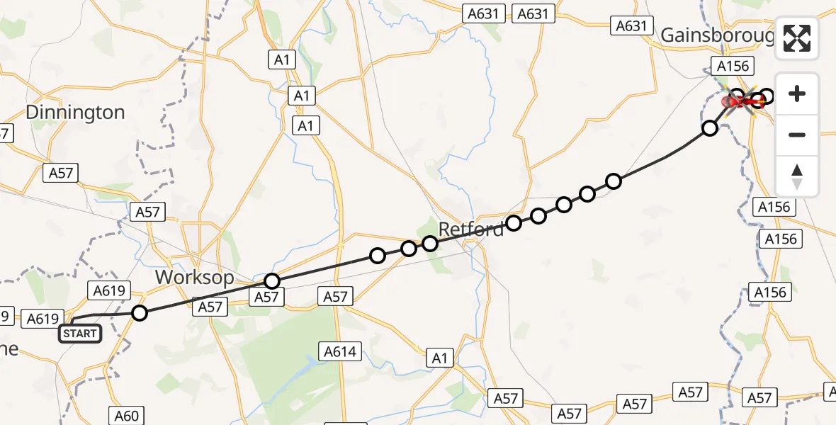 Flight route Air Ambulance Helicopter Bolsover - Gainsborough CP, 04 June 2026, 18:54