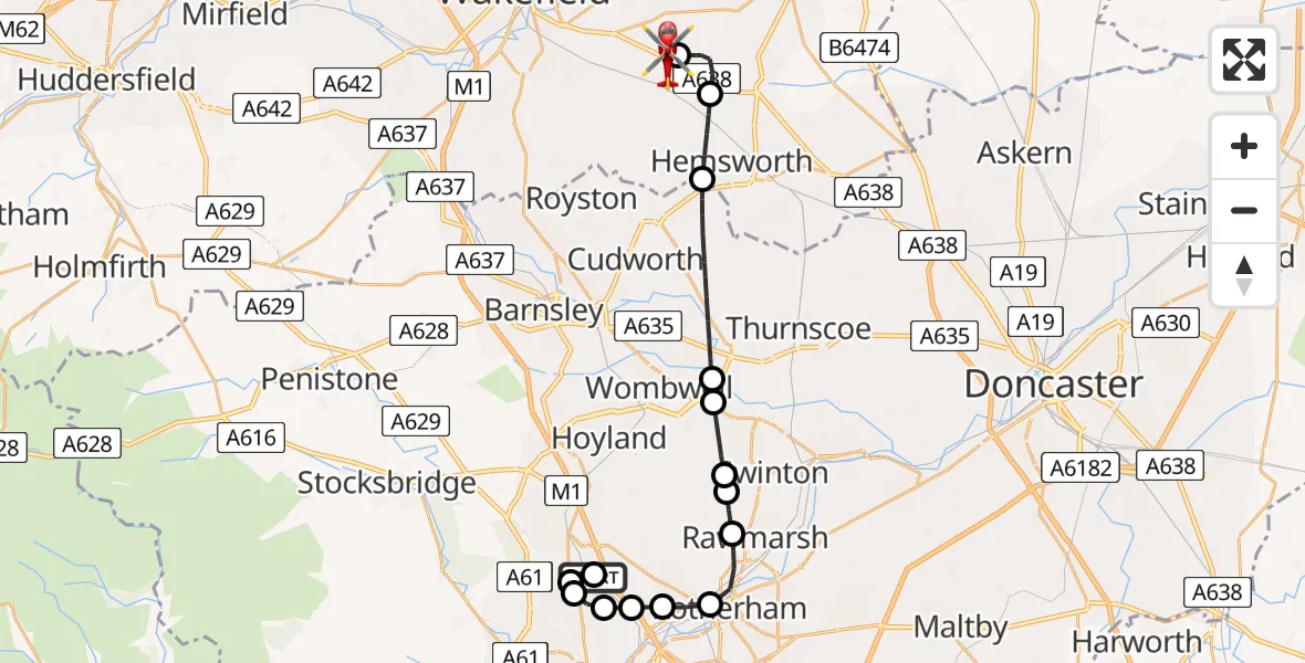 Flight route Air Ambulance Helicopter Ecclesfield - YAA Nostell Helicopter Port, 04 June 2026, 18:55