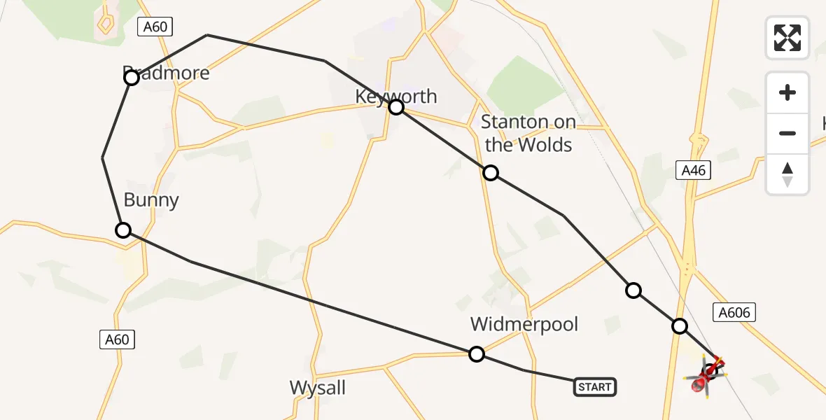 Flight route Air Ambulance Helicopter Widmerpool - Nottingham Heliport, 04 June 2026, 19:04