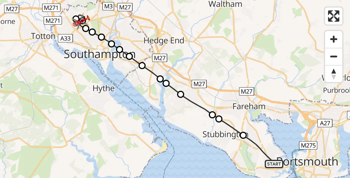 Flight route Air Ambulance Helicopter Gosport - University Hospital Southampton, 04 June 2026, 19:11