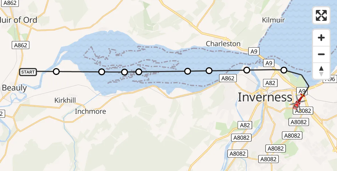 Flight route Air Ambulance Helicopter Beauly - Inverness, 04 June 2026, 19:20