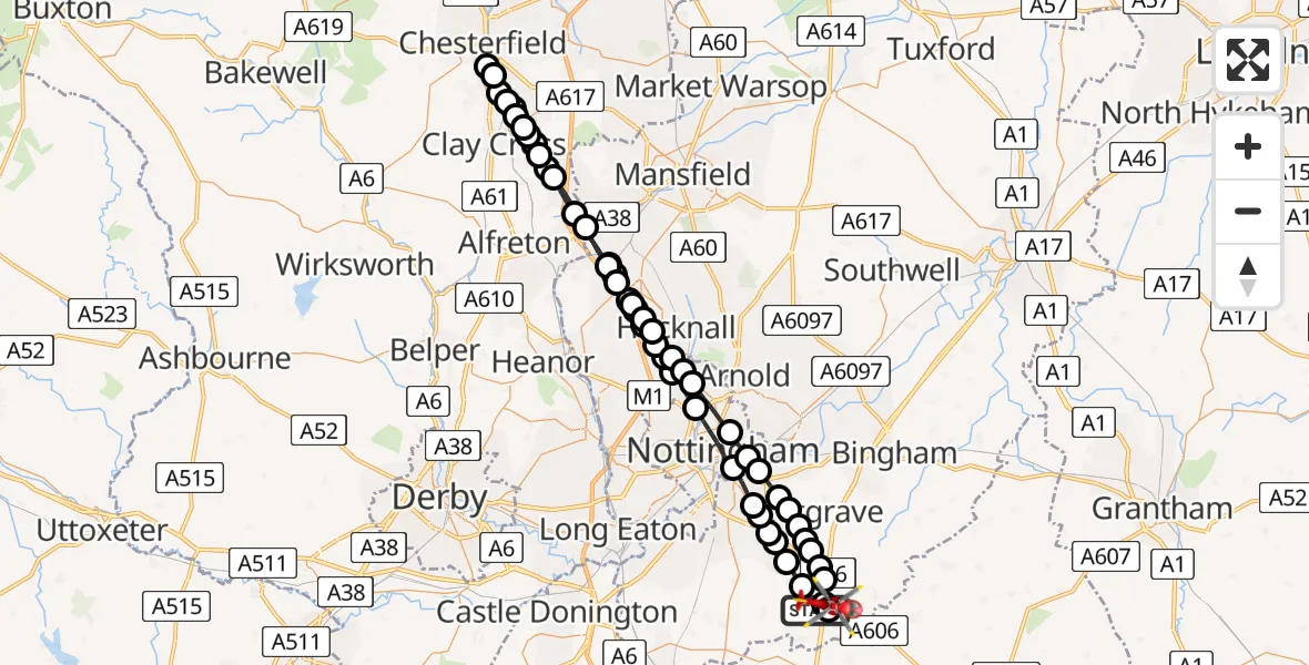 Flight route Air Ambulance Helicopter Widmerpool - Hickling, 04 June 2026, 19:33