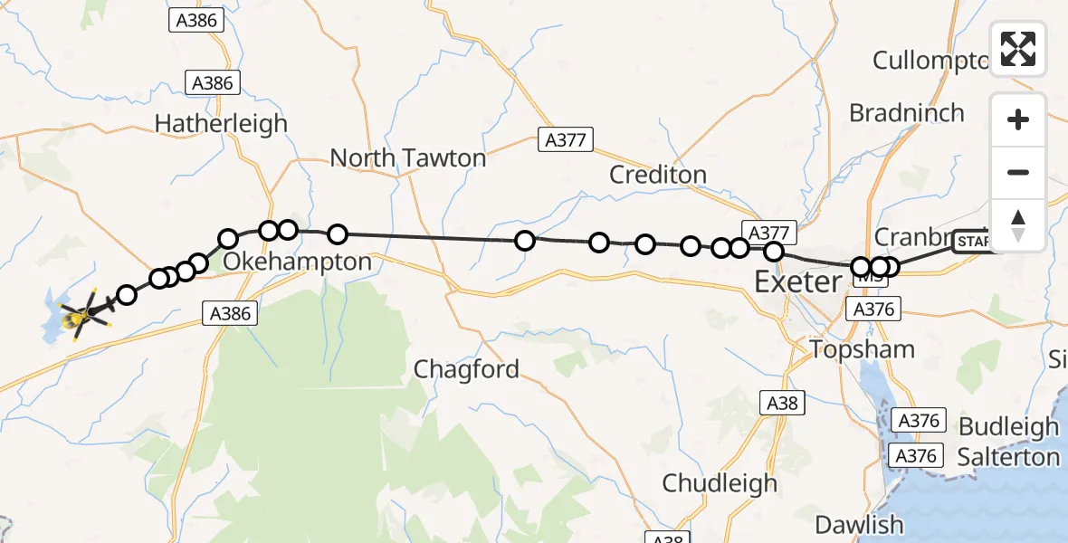 Flight route Police Helicopter Whimple - Bratton Clovelly, 04 June 2026, 19:38
