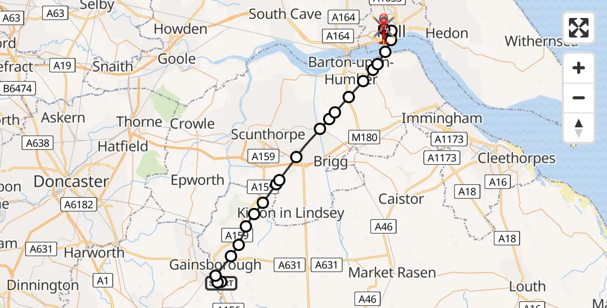 Flight route Air Ambulance Helicopter Lea - Hull Royal Infirmary, 04 June 2026, 19:46