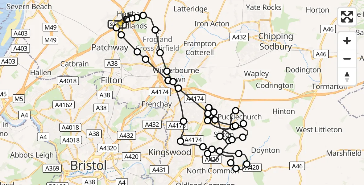Flight route Police Helicopter Almondsbury Helicopter Base - Almondsbury Helicopter Base, 04 June 2026, 20:05
