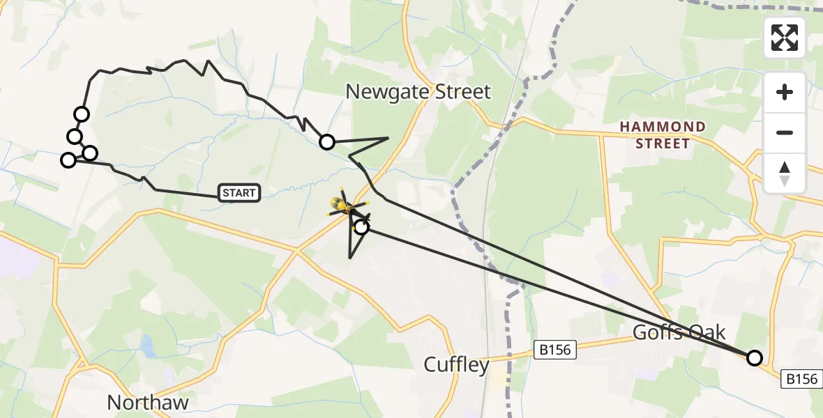 Flight route Police Helicopter Northaw - Cuffley, 04 June 2026, 20:06
