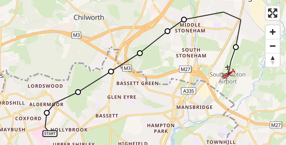 Flight route Air Ambulance Helicopter University Hospital Southampton - Southampton Airport, 04 June 2026, 20:08