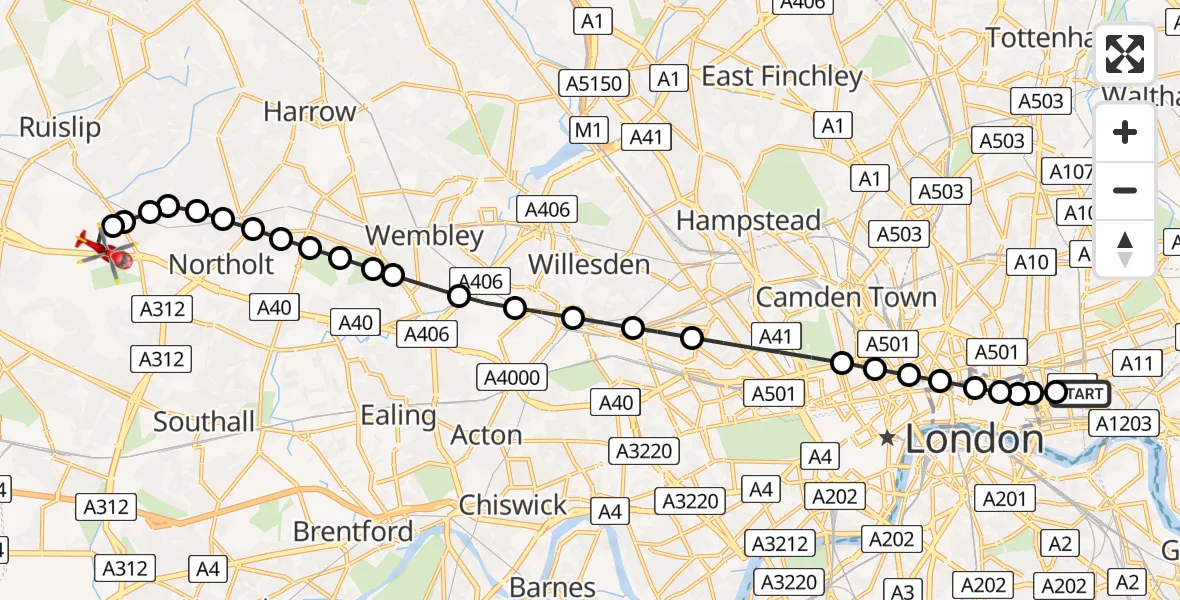 Flight route Air Ambulance Helicopter Royal London Hospital - RAF Northolt, 04 June 2026, 20:14