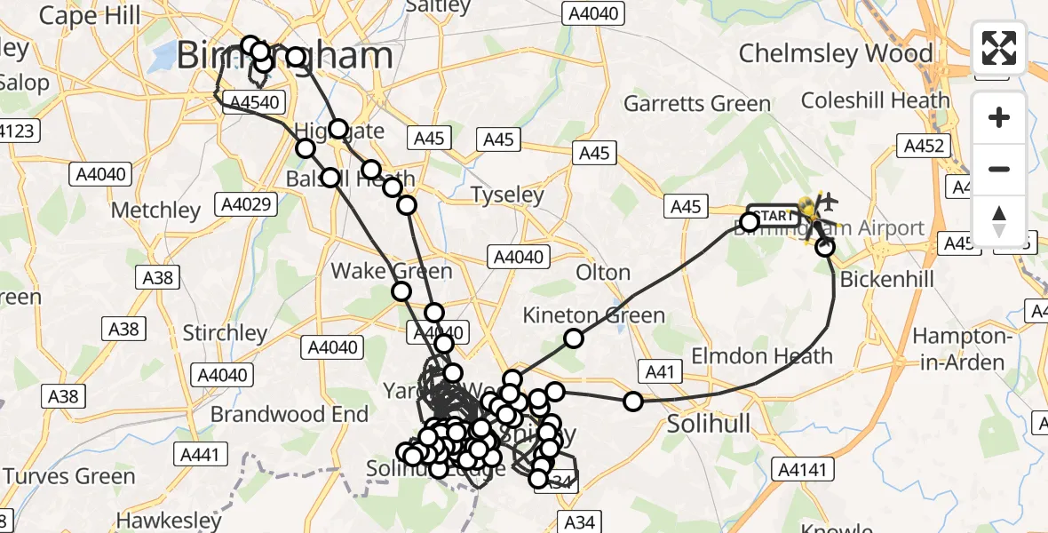 Flight route Police Helicopter Birmingham Airport - Birmingham Airport, 04 June 2026, 20:17